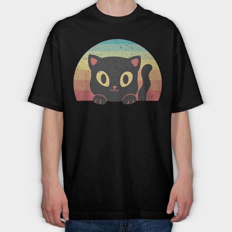 Peeking Cat Retro Sunset, Tricou Oversize Barbati (Unisex)