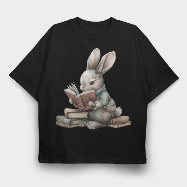 Rabbit Reading Books, Tricou Oversize Barbati (Unisex)