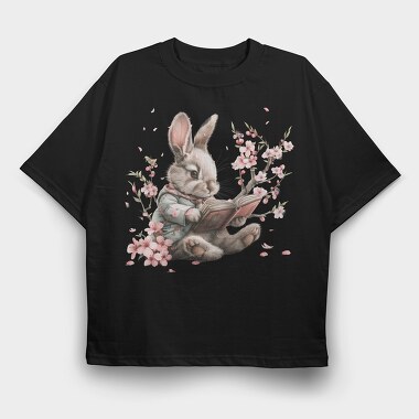 Rabbit Reading Cherry Blossom, Tricou Oversize Barbati (Unisex)