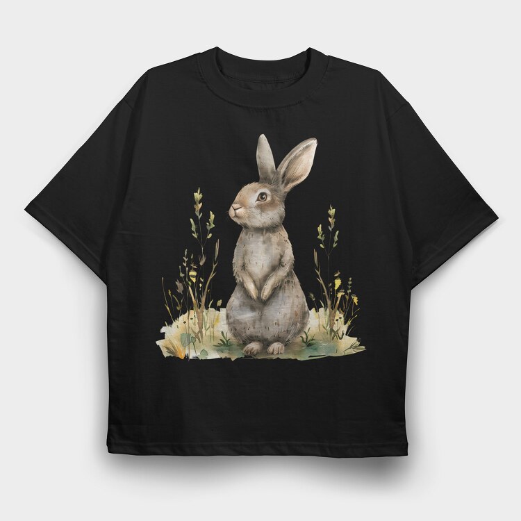 Rabbit Sitting In Grass, Tricou Oversize Barbati (Unisex)