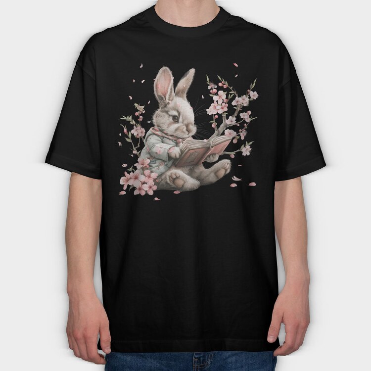 Rabbit Reading Cherry Blossom, Tricou Oversize Barbati (Unisex)