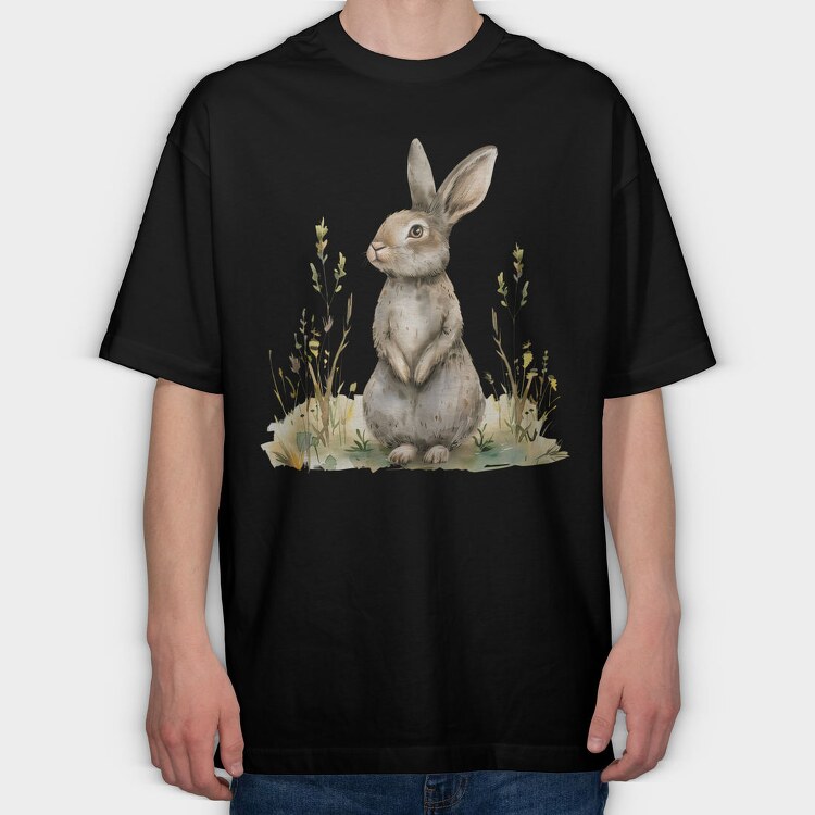 Rabbit Sitting In Grass, Tricou Oversize Barbati (Unisex)