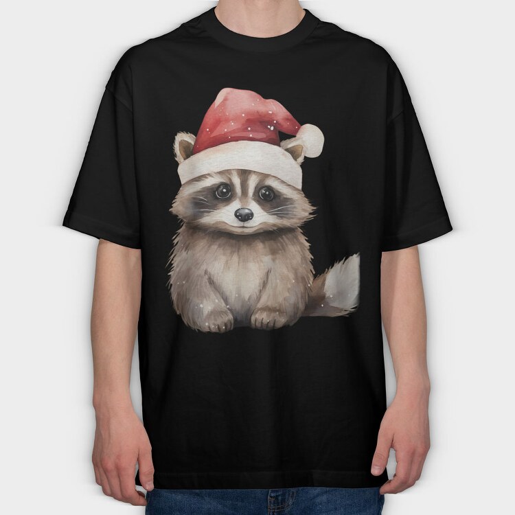 Raccoon Christmas Hat, Tricou Oversize Barbati (Unisex)