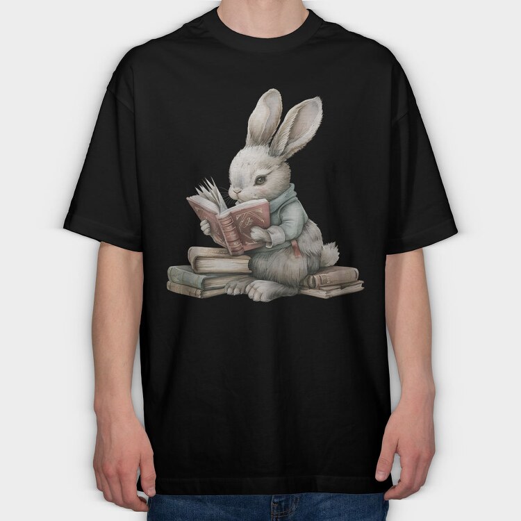 Rabbit Reading Books, Tricou Oversize Barbati (Unisex)