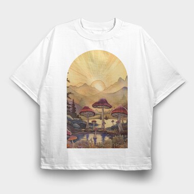 Retro Mushroom Sunset, Tricou Oversize Barbati (Unisex)