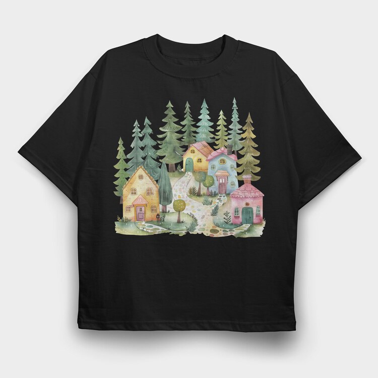 Scandinavian Cottage Landscape, Tricou Oversize Barbati (Unisex)