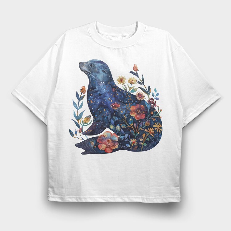 Seal Floral Night, Tricou Oversize Barbati (Unisex)