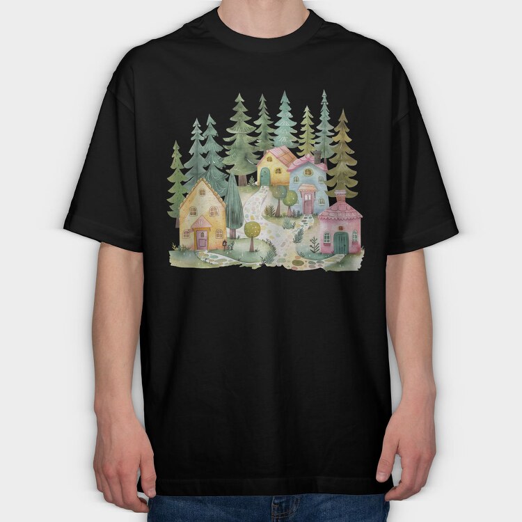 Scandinavian Cottage Landscape, Tricou Oversize Barbati (Unisex)