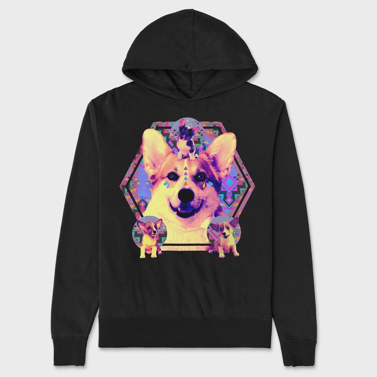 Corgi Psychedelic Collage, Hanorac Oversize Barbati (Unisex)