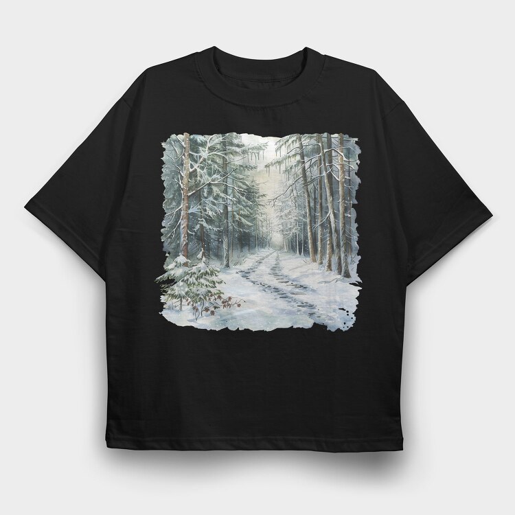 Snowy Forest Path, Tricou Oversize Barbati (Unisex)