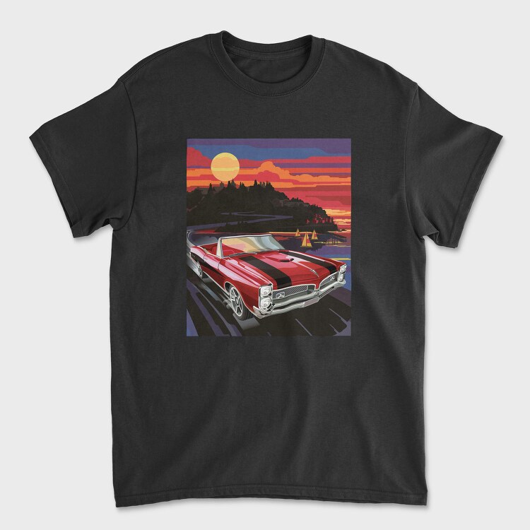 Coastal Vintage Car Cruise Red Sunset Sailboats, Tricou Barbati (Unisex)
