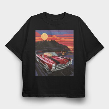 Coastal Vintage Car Cruise Red Sunset Sailboats, Tricou Oversize Barbati (Unisex)
