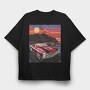 Coastal Vintage Car Cruise Red Sunset Sailboats, Tricou Oversize Barbati (Unisex)