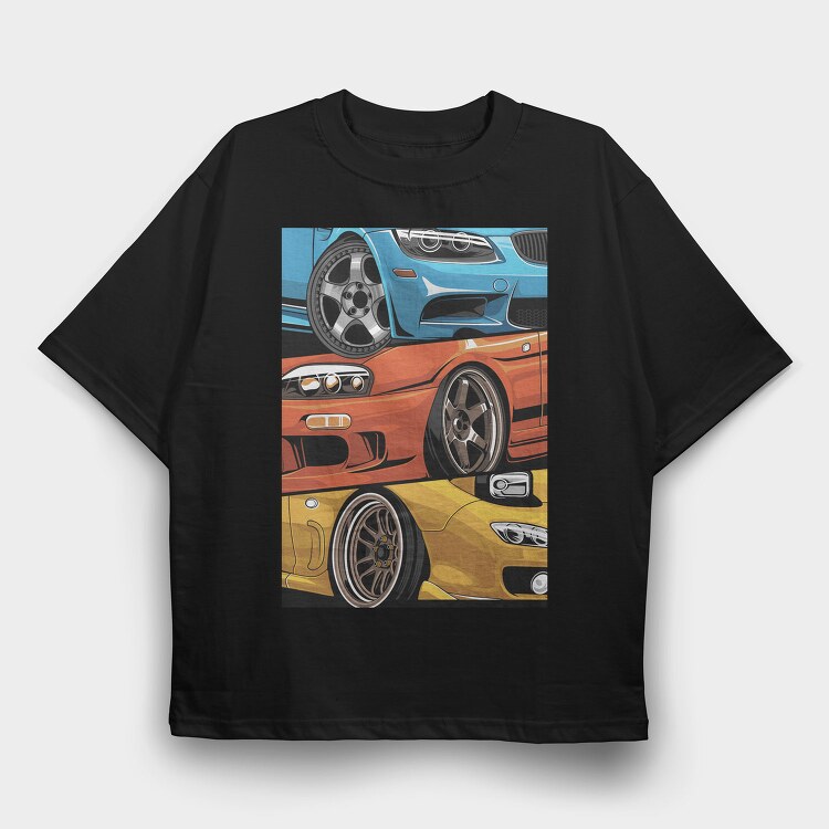 Sports Cars Stance Red Blue Orange, Tricou Oversize Barbati (Unisex)