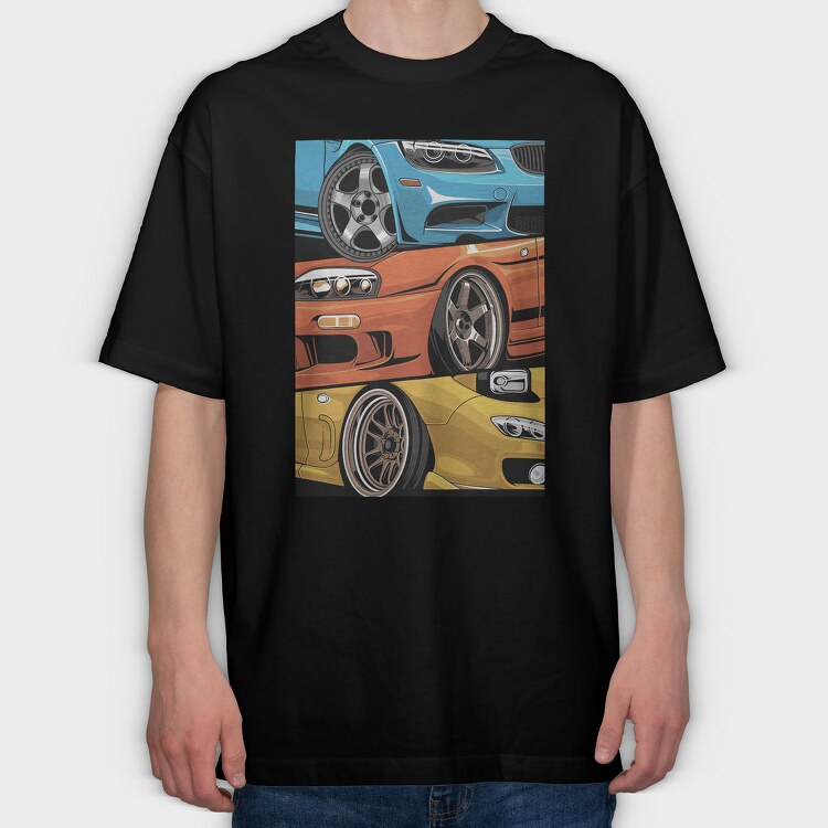 Sports Cars Stance Red Blue Orange, Tricou Oversize Barbati (Unisex)