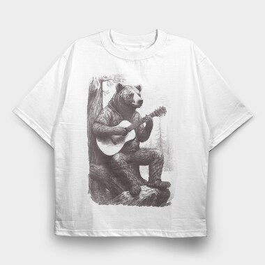 Bear Playing Guitar Hand Drawn, Tricou Oversize Barbati (Unisex)