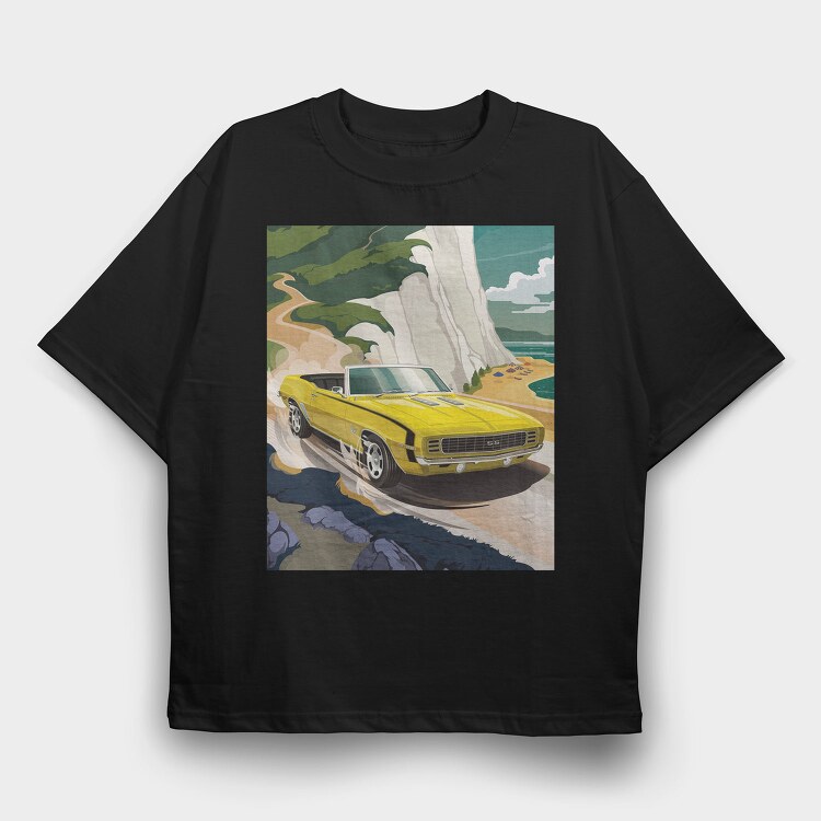 Yellow Chevy Camaro Coastal Cruise, Tricou Oversize Barbati (Unisex)