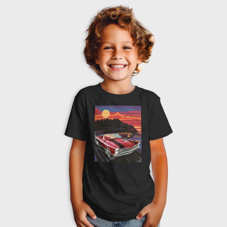 Coastal Vintage Car Cruise Red Sunset Sailboats, Tricou Copii