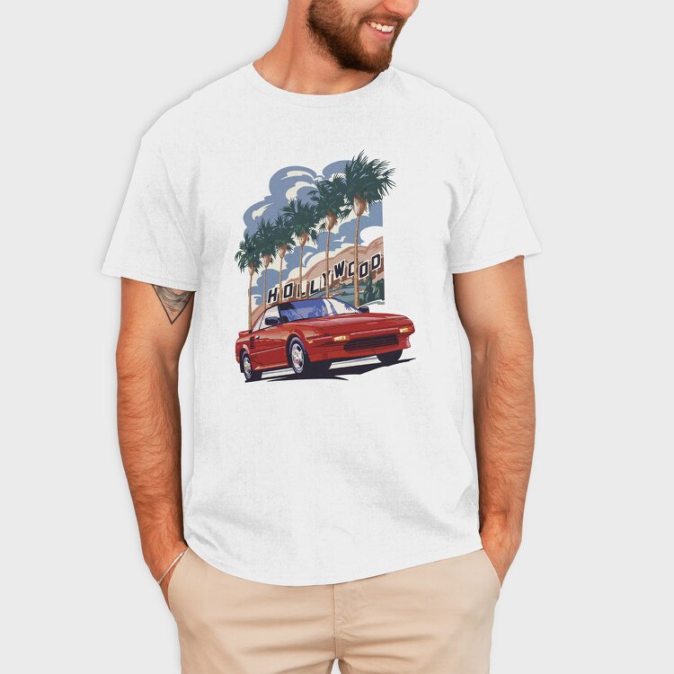 Hollywood Red Car Palm Tree Modern, Tricou Barbati (Unisex)