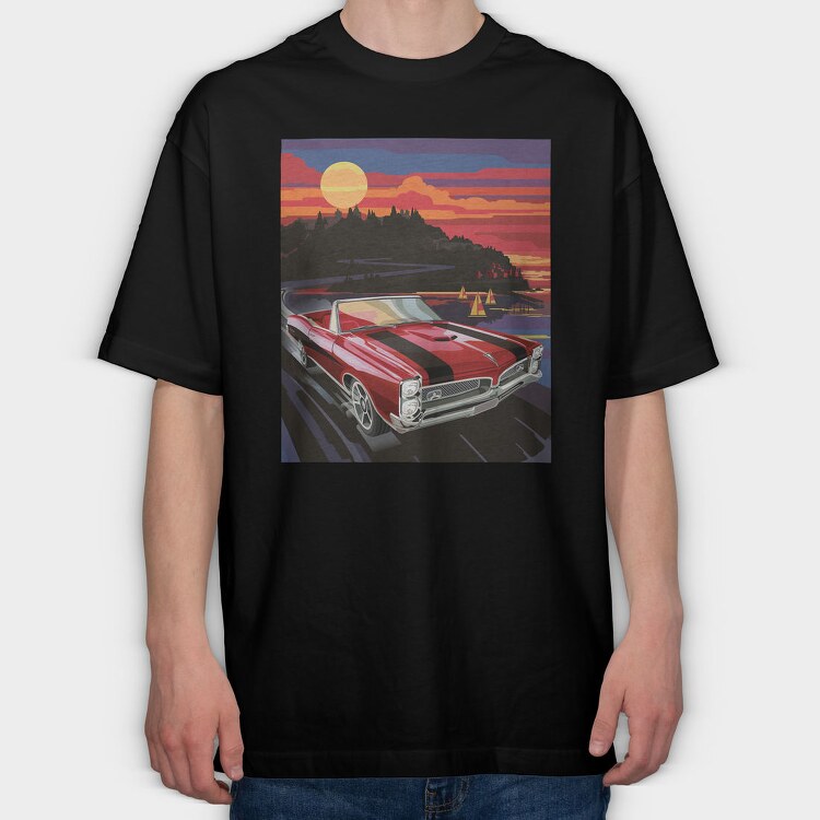 Coastal Vintage Car Cruise Red Sunset Sailboats, Tricou Oversize Barbati (Unisex)