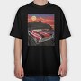Coastal Vintage Car Cruise Red Sunset Sailboats, Tricou Oversize Barbati (Unisex)