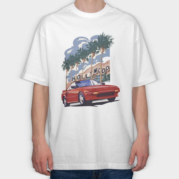 Hollywood Red Car Palm Tree Modern, Tricou Oversize Barbati (Unisex)