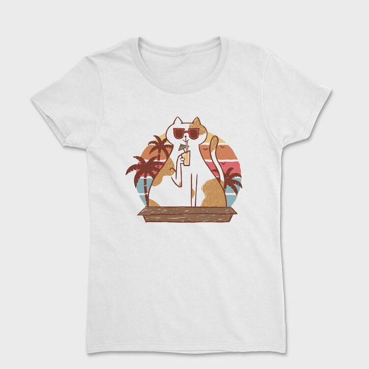 Cat With Summer Drink Retro Sunset, Tricou Femei