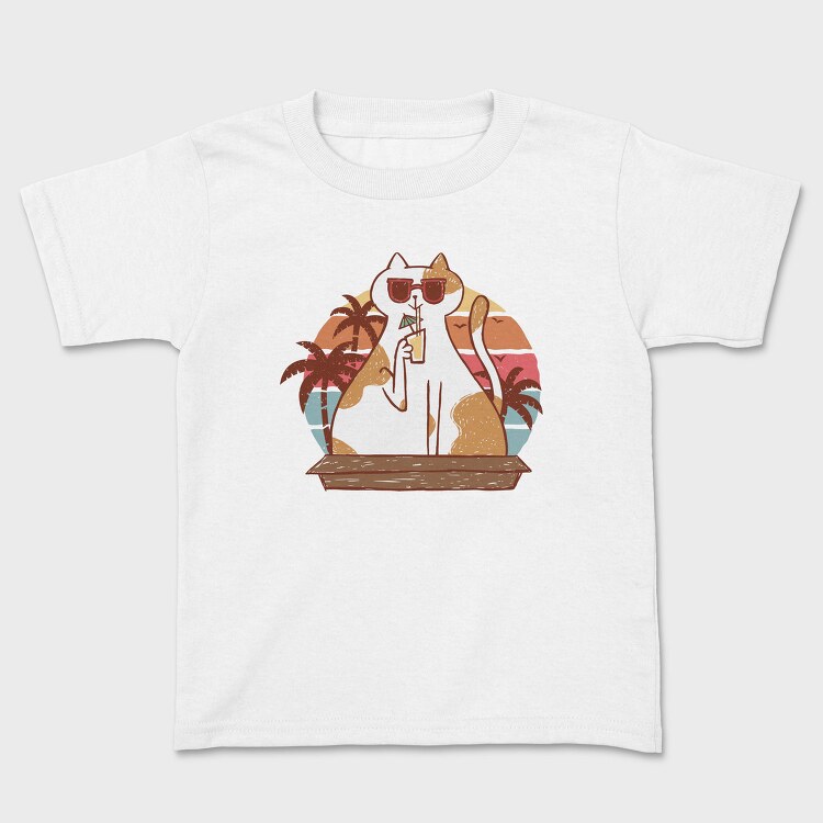 Cat With Summer Drink Retro Sunset, Tricou Copii