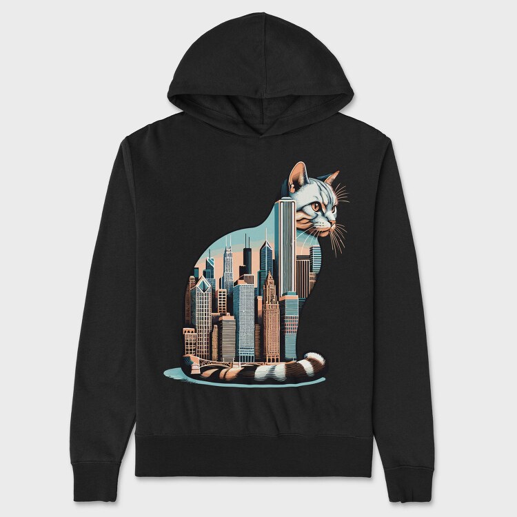 Chicago Skyline Cat, Hanorac Oversize Barbati (Unisex)
