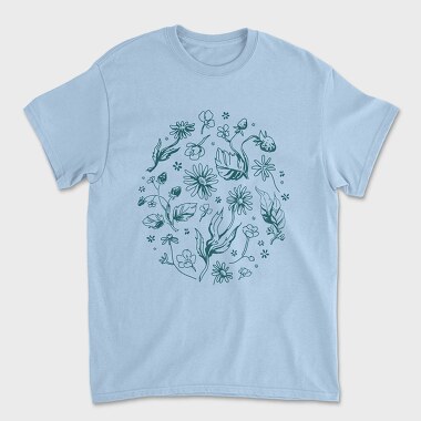 Circle Of Flowers And Leaves Botanical Line Elements, Tricou Barbati (Unisex)