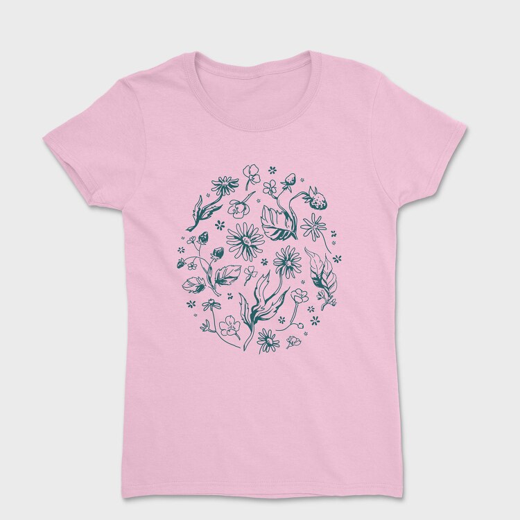 Circle Of Flowers And Leaves Botanical Line Elements, Tricou Femei