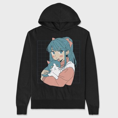 Anime Girl With Cat, Hanorac Oversize Barbati (Unisex)