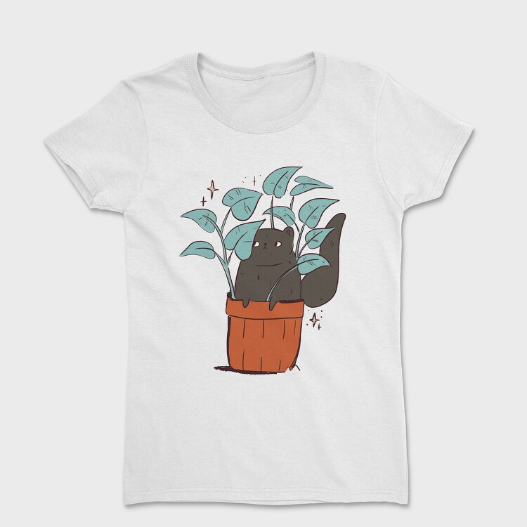 Black Cat In A Pot Of Houseplants, Tricou Femei