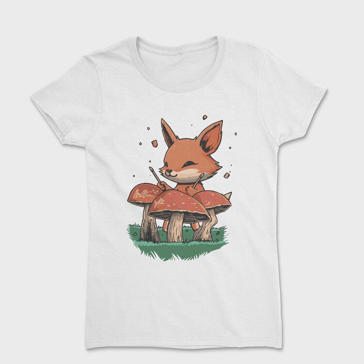 Fox Playing Drums On Mushrooms Cute, Tricou Femei