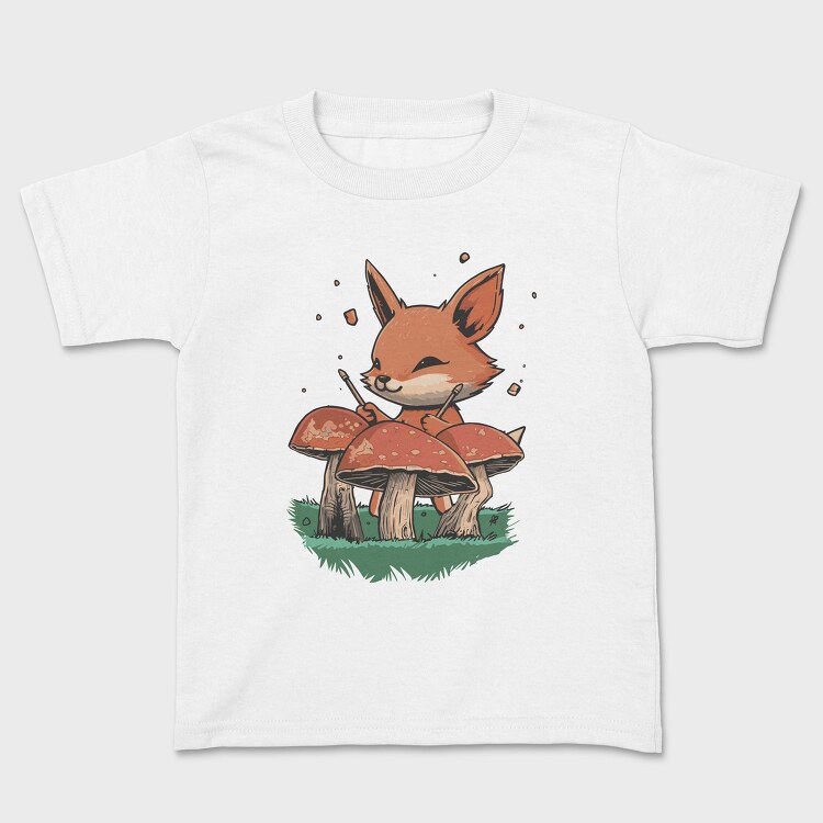 Fox Playing Drums On Mushrooms Cute, Tricou Copii
