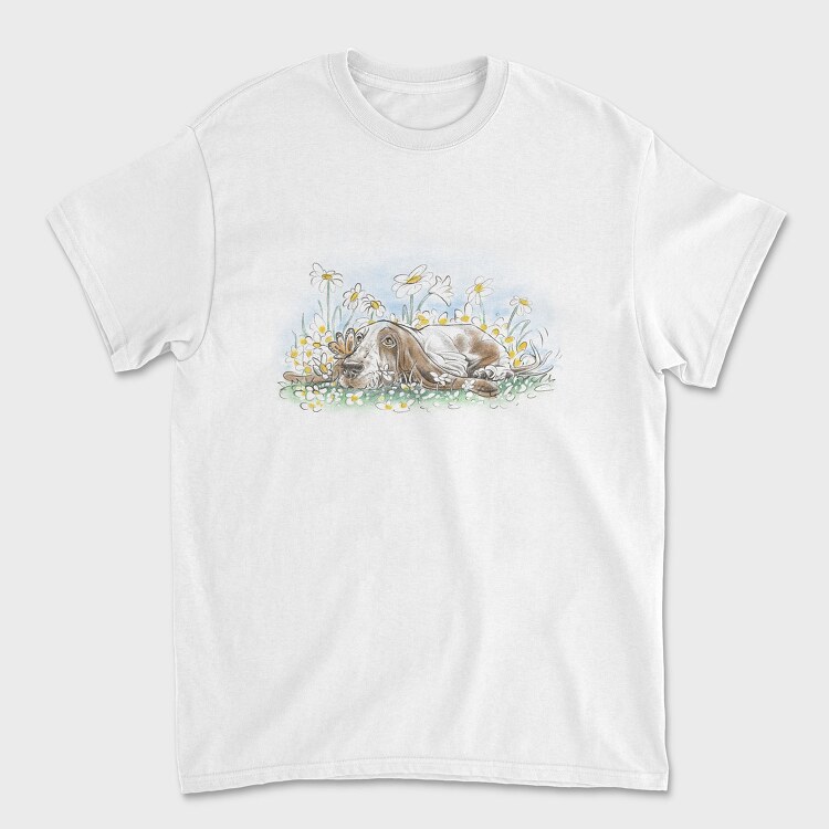Dog On Flower Field Lying, Tricou Barbati (Unisex)