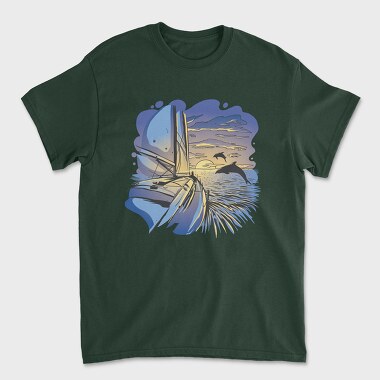 Dolphins And Boat Sail Yatch Sunset, Tricou Barbati (Unisex)