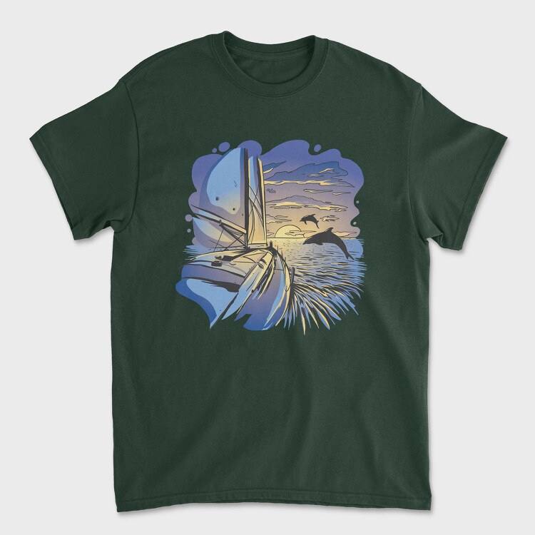 Dolphins And Boat Sail Yatch Sunset, Tricou Barbati (Unisex)