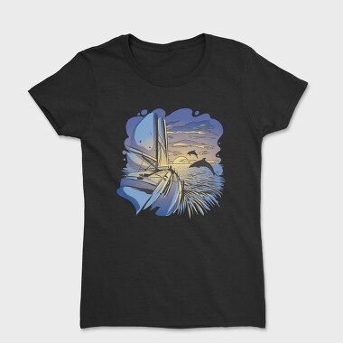 Dolphins And Boat Sail Yatch Sunset, Tricou Femei