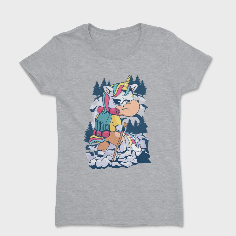 Cartoon Unicorn Hiking Pee On Mountain, Tricou Femei