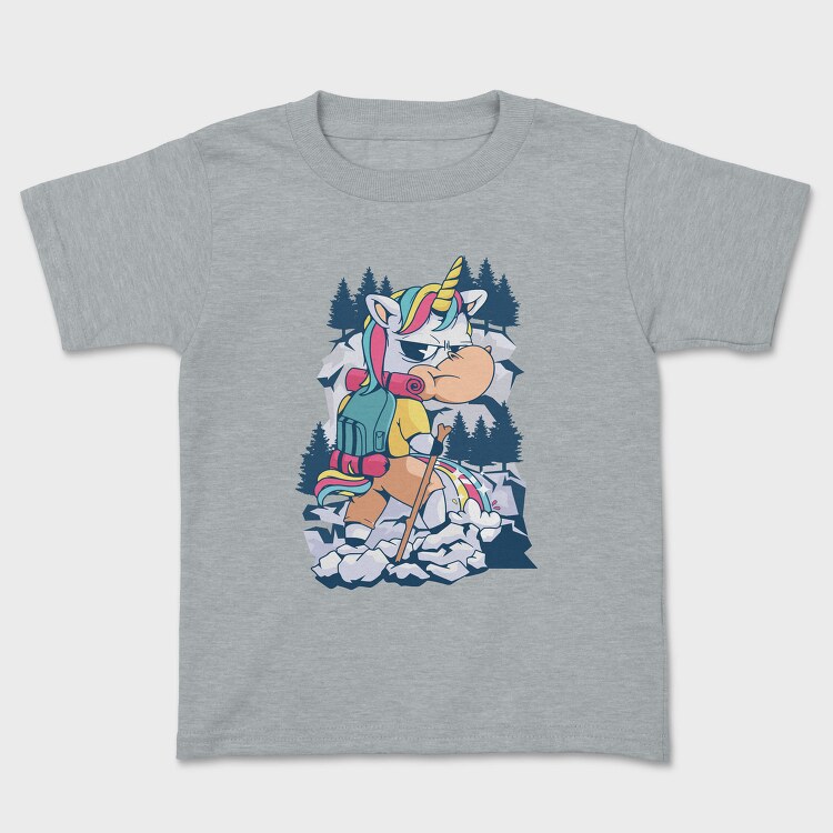 Cartoon Unicorn Hiking Pee On Mountain, Tricou Copii
