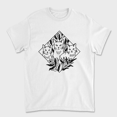 Elegant Cat Trio Illustration With Botanical Elements, Tricou Barbati (Unisex)