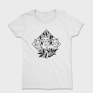 Elegant Cat Trio Illustration With Botanical Elements, Tricou Femei
