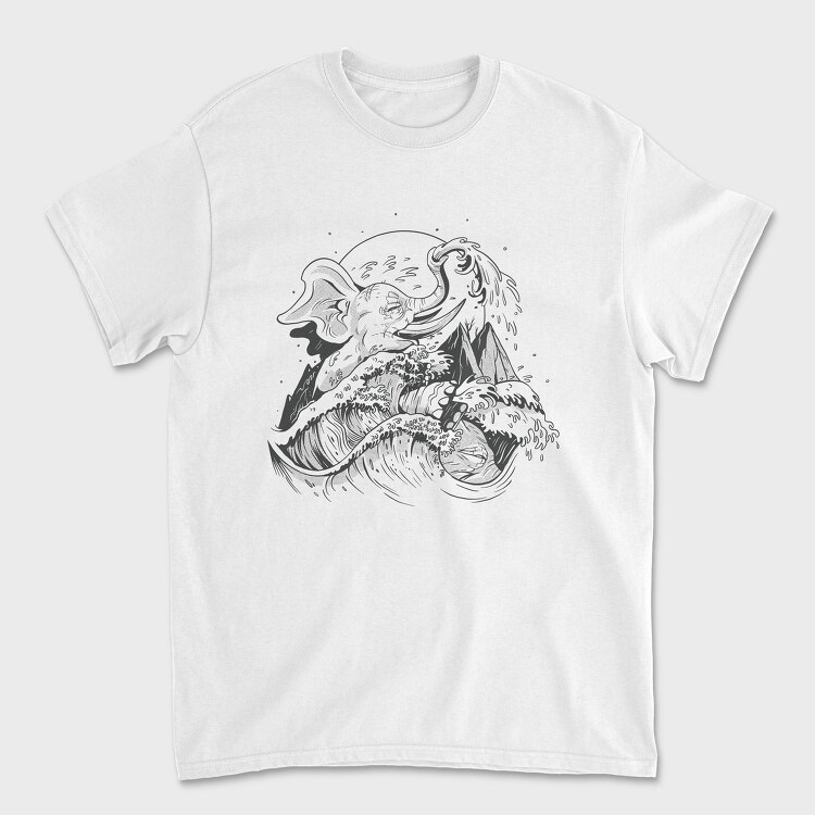 Elephant And Wave Hand Drawn Ukiyo, Tricou Barbati (Unisex)