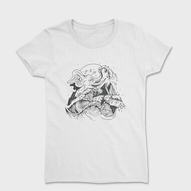 Elephant And Wave Hand Drawn Ukiyo, Tricou Femei