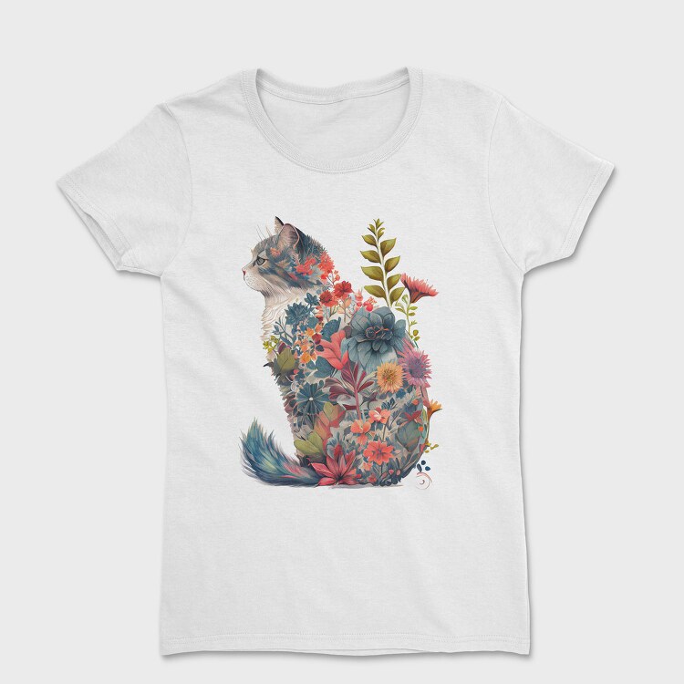 Floral Cat Silhouette Flower, Tricou Femei