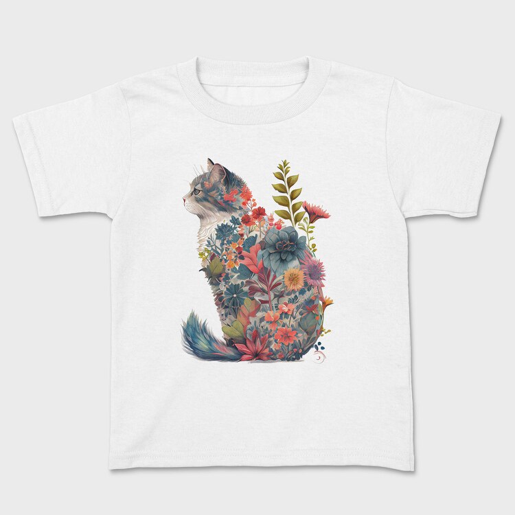 Floral Cat Silhouette Flower, Tricou Copii