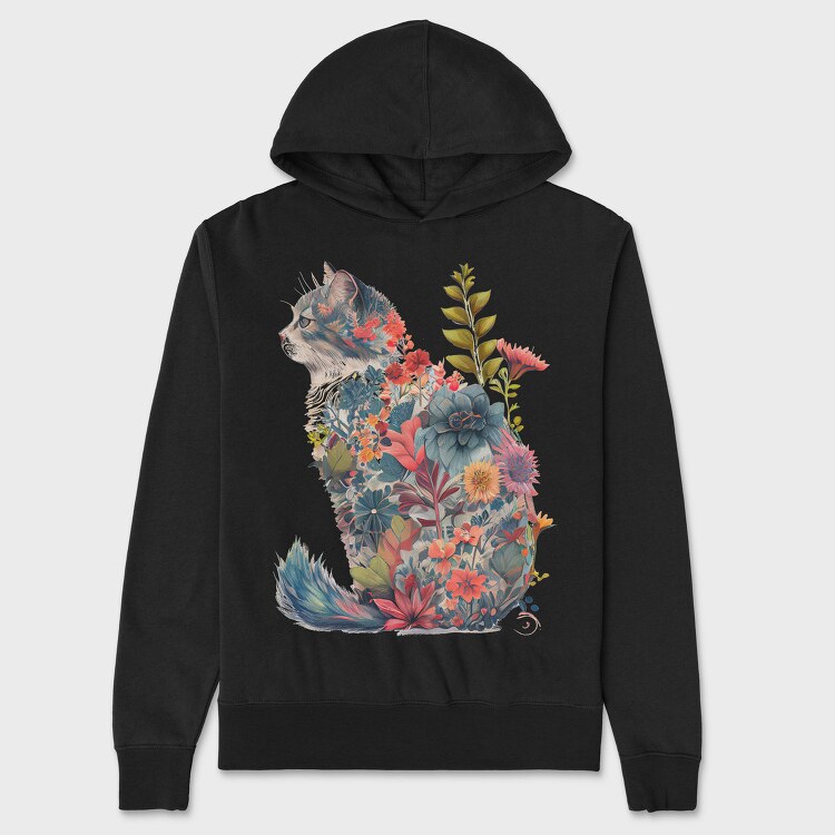 Floral Cat Silhouette Flower, Hanorac Oversize Barbati (Unisex)