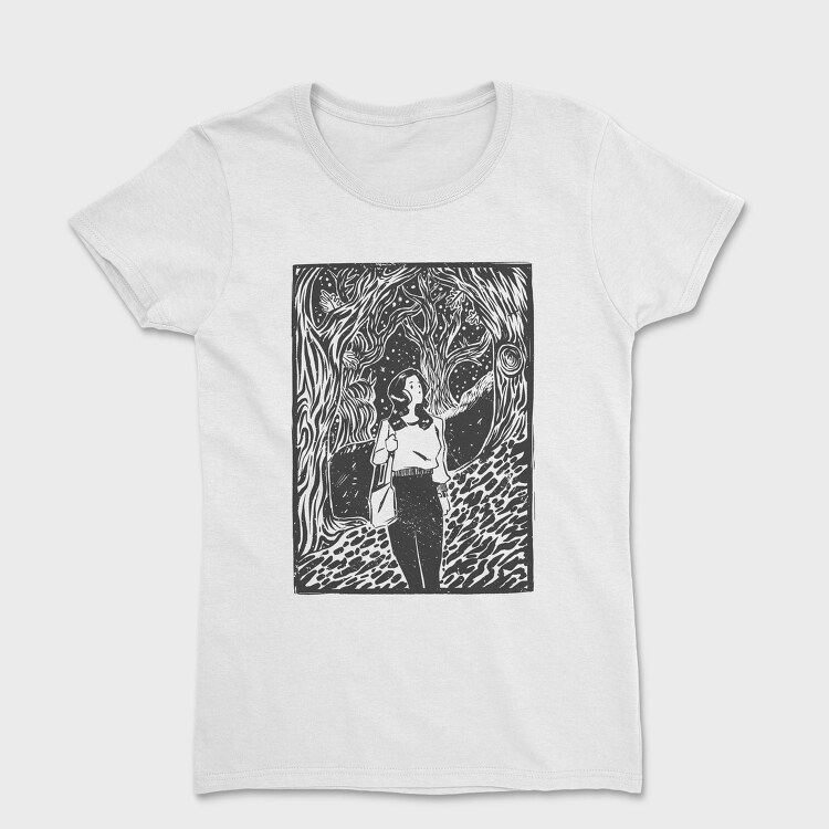 Girl Walking On Magical Forest Lino Art, Tricou Femei