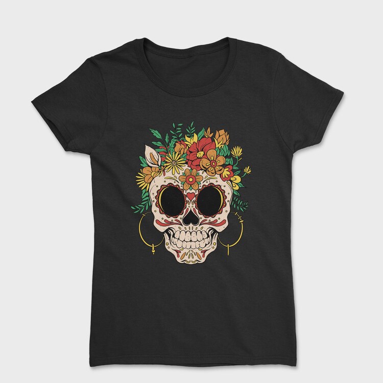 Sugar Skull And Flowers Traditional, Tricou Femei